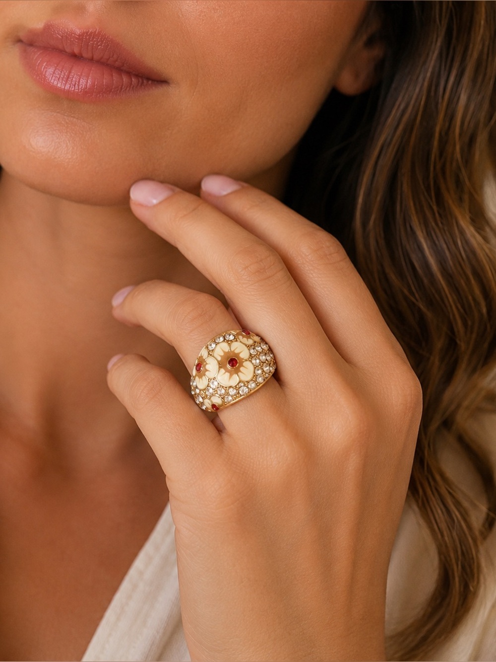 flower rhinestone cocktail gold ring 7